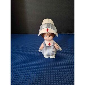 Vintage Nurse Doll In Striped Uniform